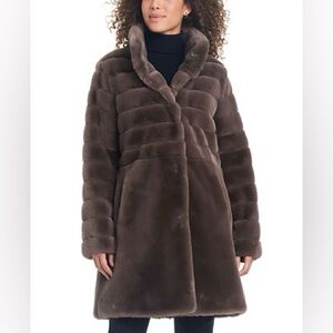 Jones New York Dark Taupe Brown Faux Fur Coat - XS